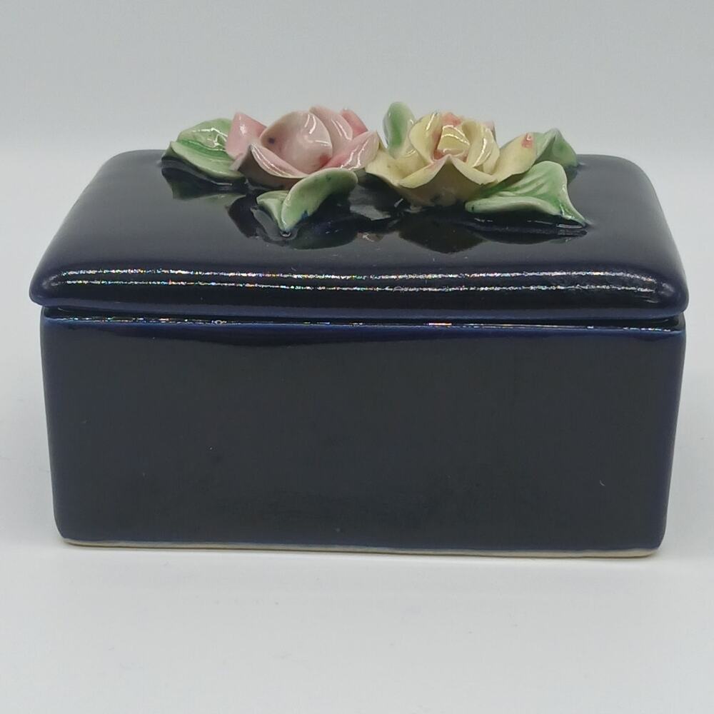 Vintage Ceramic Trinket Box Hand Painted Flowers Blue Made in Occupied Japan